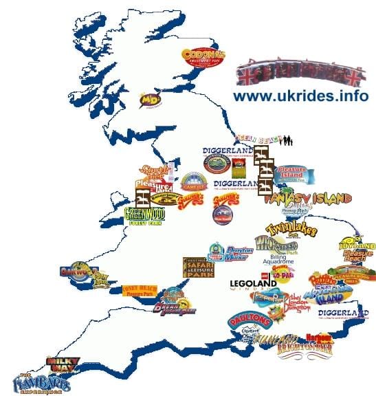 carte du royaume-UNI, les parcs à thème