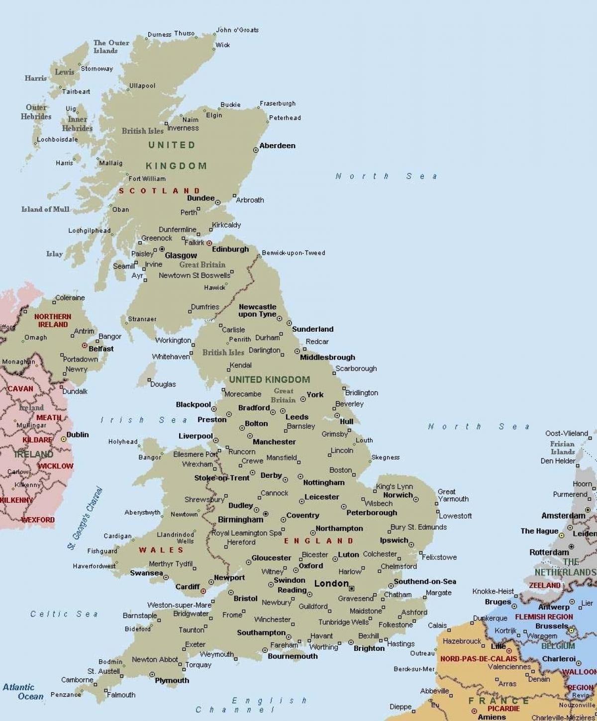 carte de la grande-Bretagne avec les villes
