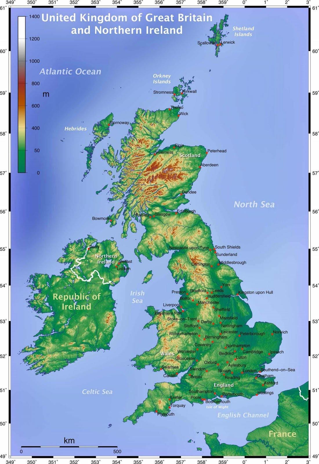 La carte topographique de la grande-bretagne