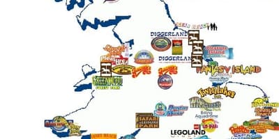 Carte du royaume-UNI, les parcs à thème
